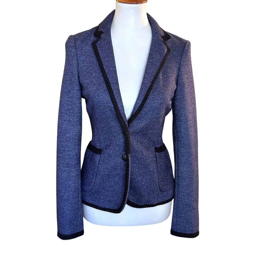 Fitted Wool Blend Blazer, Blue w/ Black Trim Medium, Zara